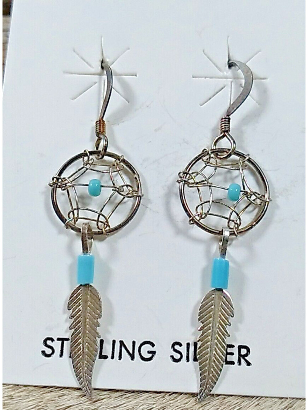 Navajo S. Silver Turquoise Dreamcatcher Dangle Feather Earrings Jewelry NEW